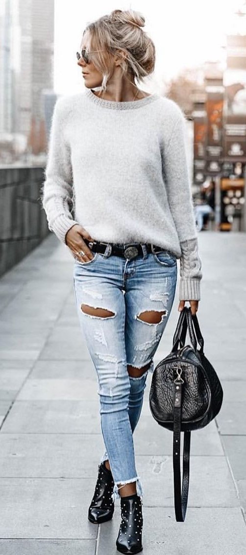 jeans sweater denim gray distressed outfit boat fall neck classy pants womens jogger source