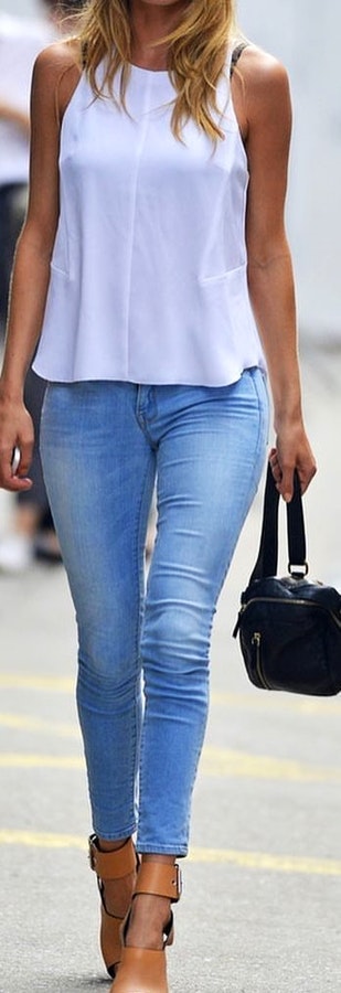 jeans white top and heels