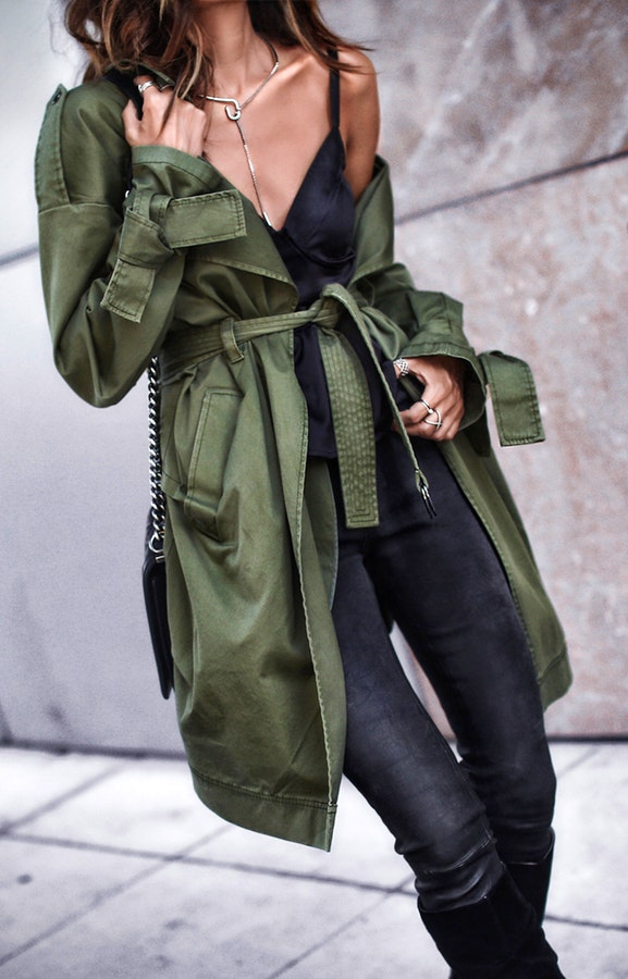 Women's green leather coat.