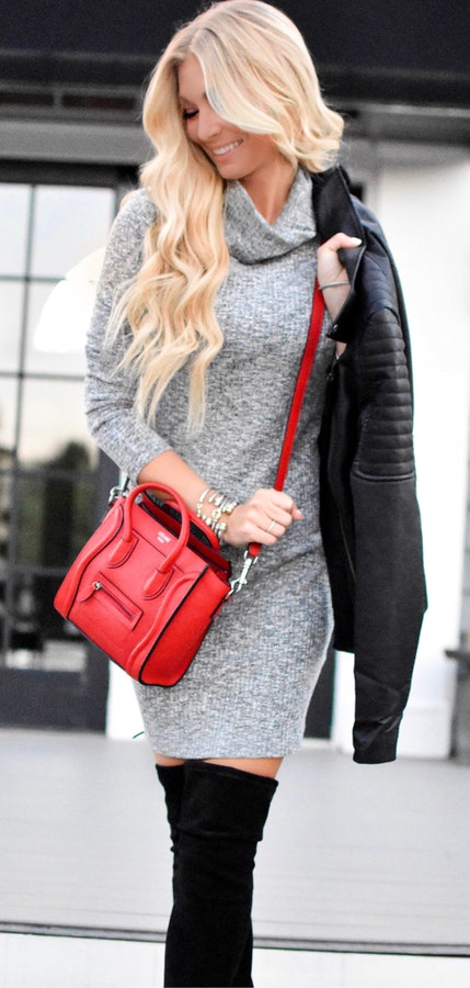 Women's grey elbow sleeve turtleneck mini dress and red leather 2-way handbag.