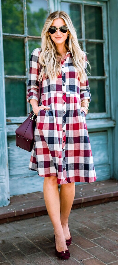 Women's white, red, and black gingham long-sleeved midi dress.